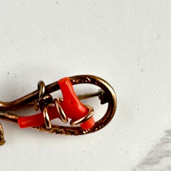 Antique Victorian Brooch, Red Coral Branches, Gold Filled Ornate Pin, 1800s - Picture 8 of 9